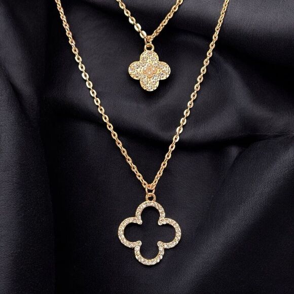 Gold Clover Rhinestone Double Strand Pendant Necklace - Picture 2 of 3